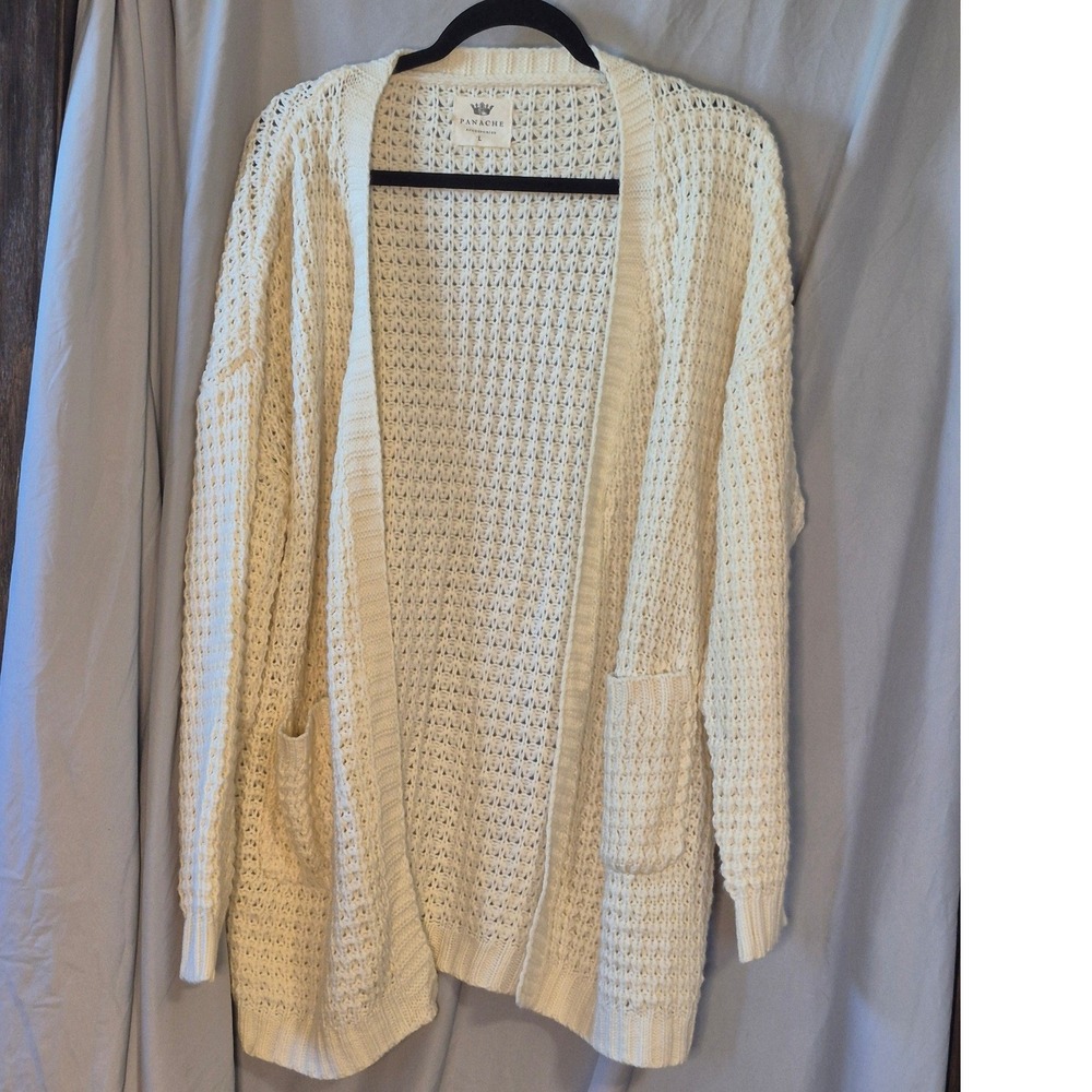 Panache Accessories Ivory Open Knit Cardigan Sweater Crochet Boho Cream Large